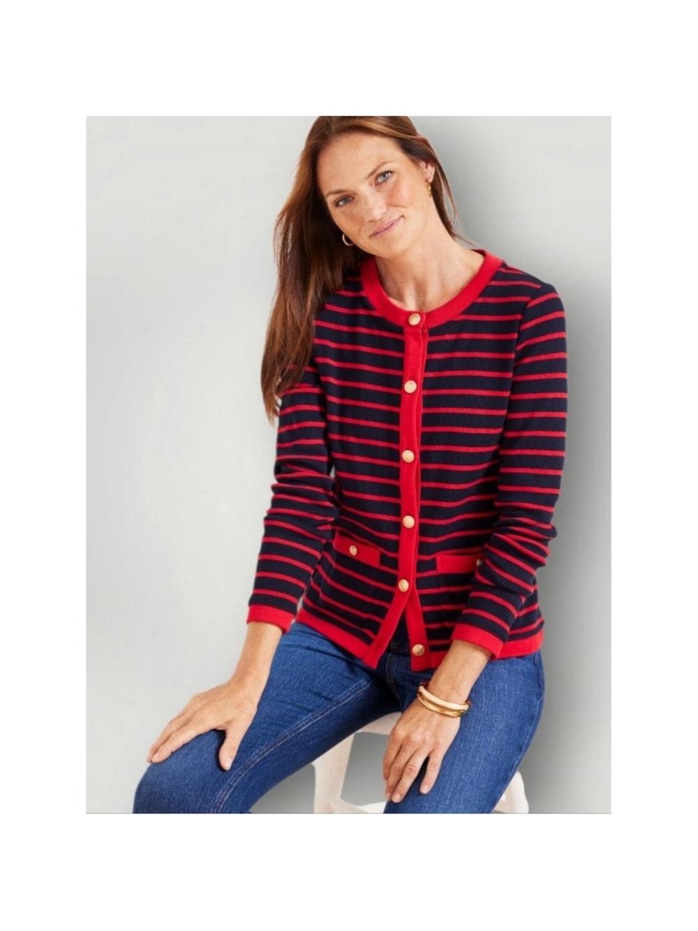 Talbots Cardigan M Navy Blue Red Striped Gold Buttons Preppy Academia, Work EUC - Picture 3 of 11